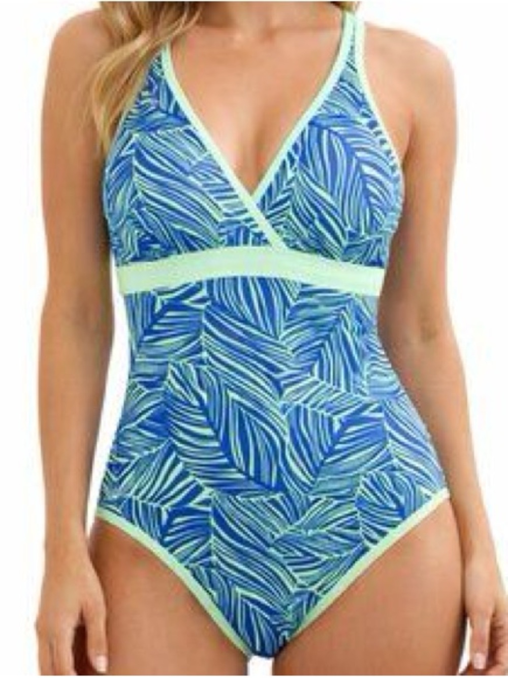 LL Bean UPF 50+ one piece green blue leaf print swimsuit size 12